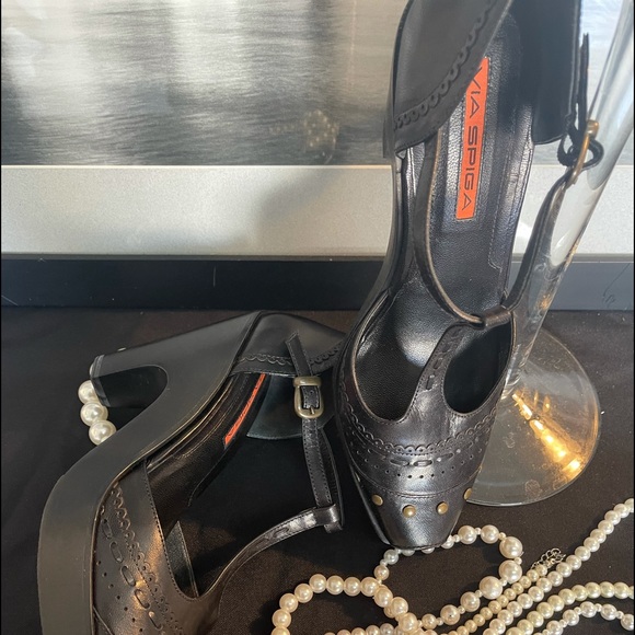 NEW VIA SPIGA VFrap BLK Leather Bambi Block Heels - Picture 6 of 14